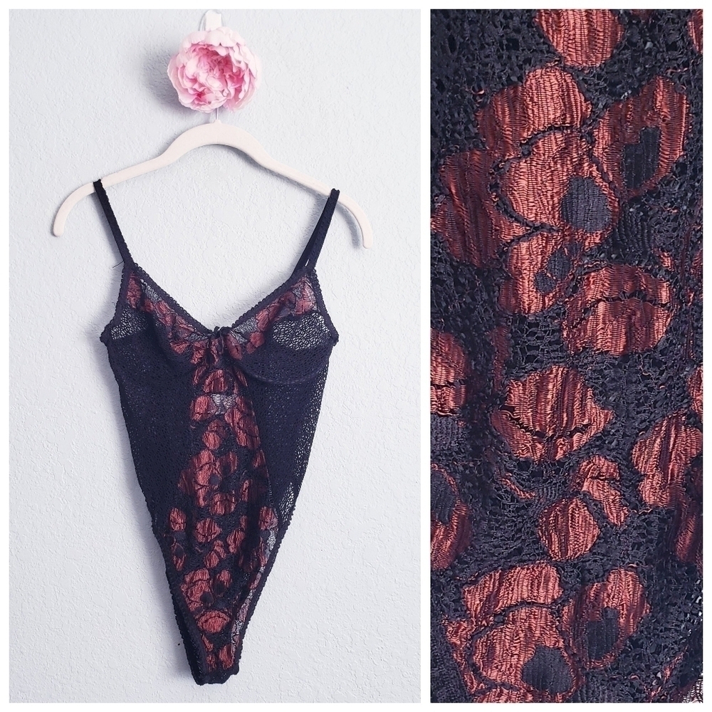 Vintage Union Made Alana Gale Black and Red Lace Mesh Floral Lingerie Bodysuit